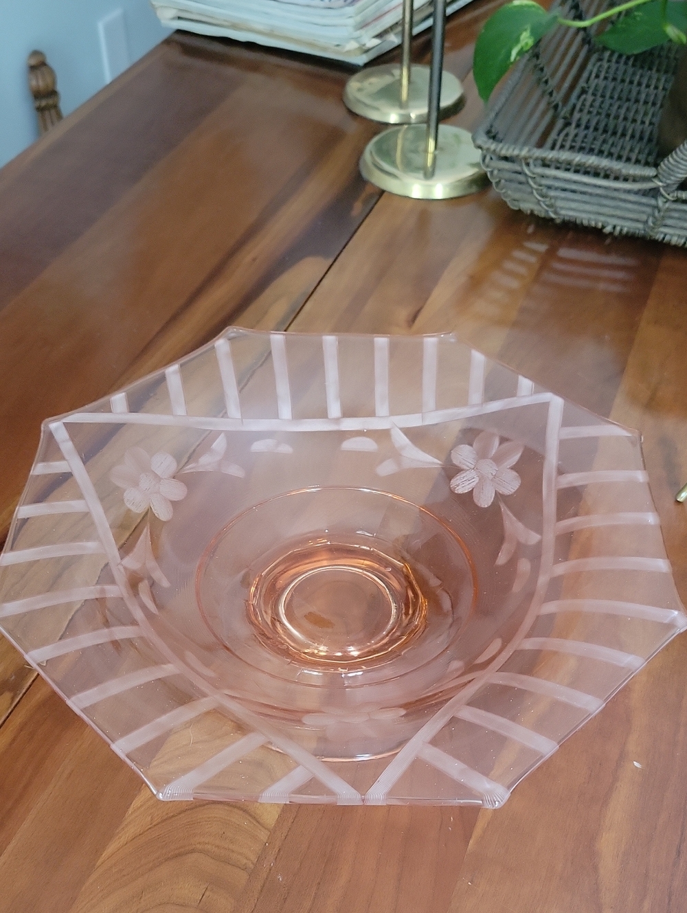 Pink Depression Etched Glass Serving Bowl - Decorative Floral Design